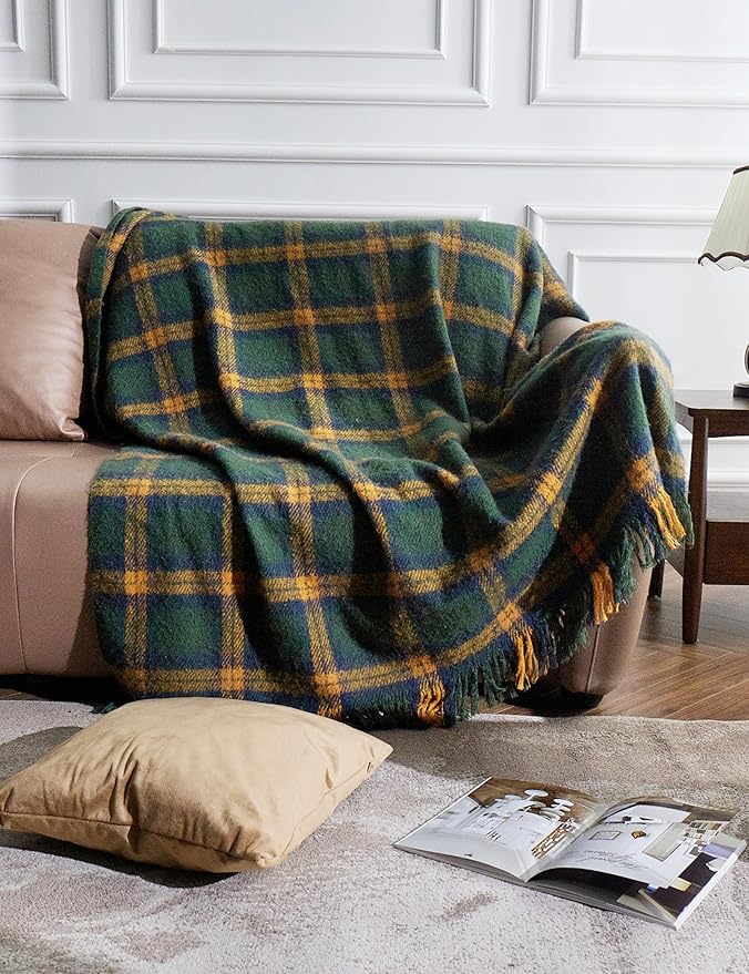 CozyNest Decor green plaid throw blanket with tassels, soft lightweight cozy blanket for sofa or bed, 50x60 inches.