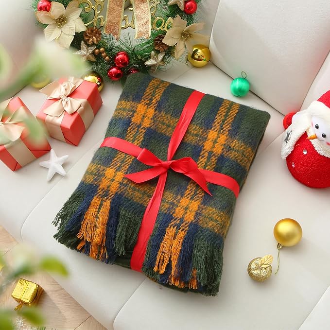 CozyNest Decor green plaid throw blanket with tassels, soft lightweight decorative blanket for couch or bed, 50x60 inches.