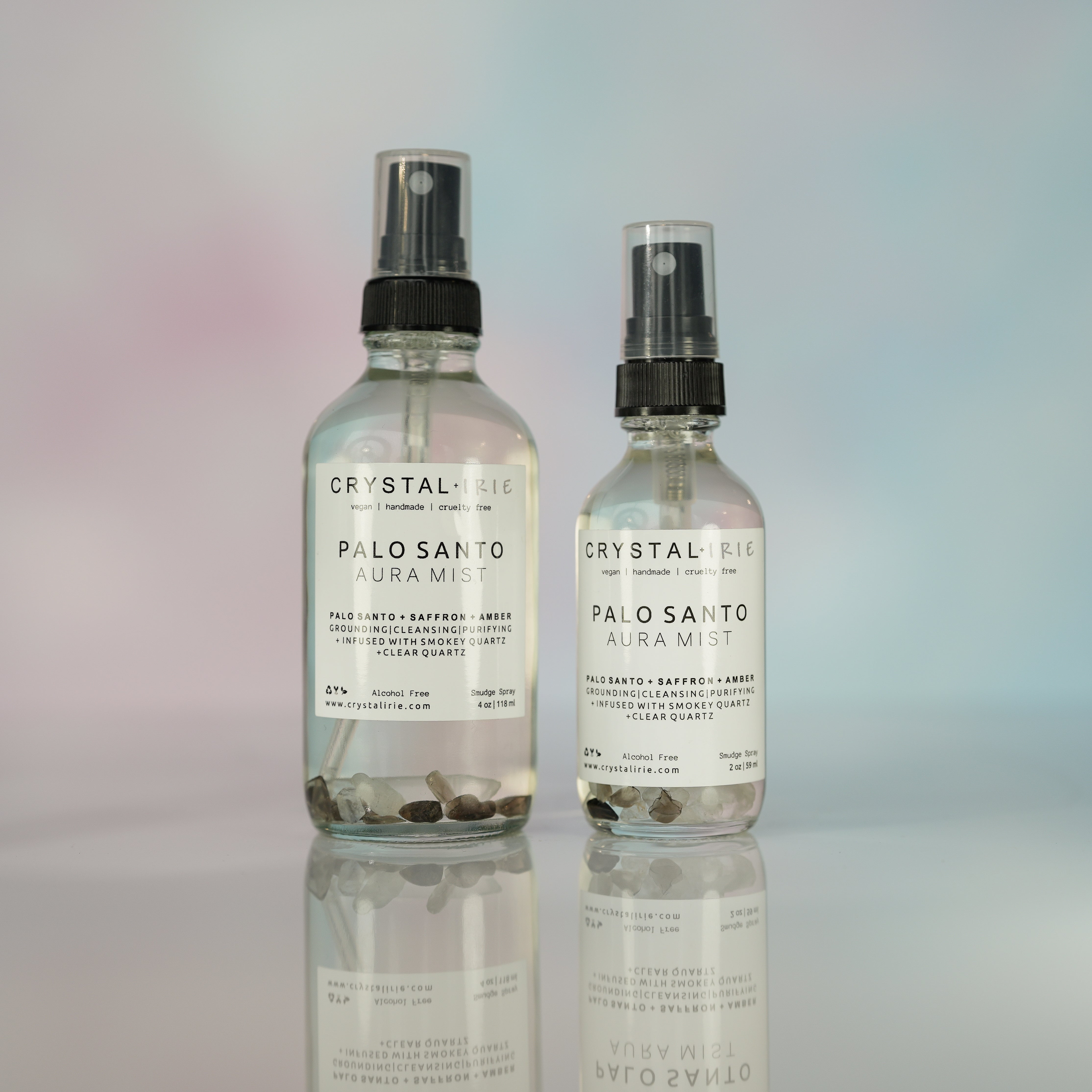 Crystal Irie Palo Santo Aura Spray bottle with spray nozzle, showcasing the aura spray product for spiritual cleansing and energy balancing.