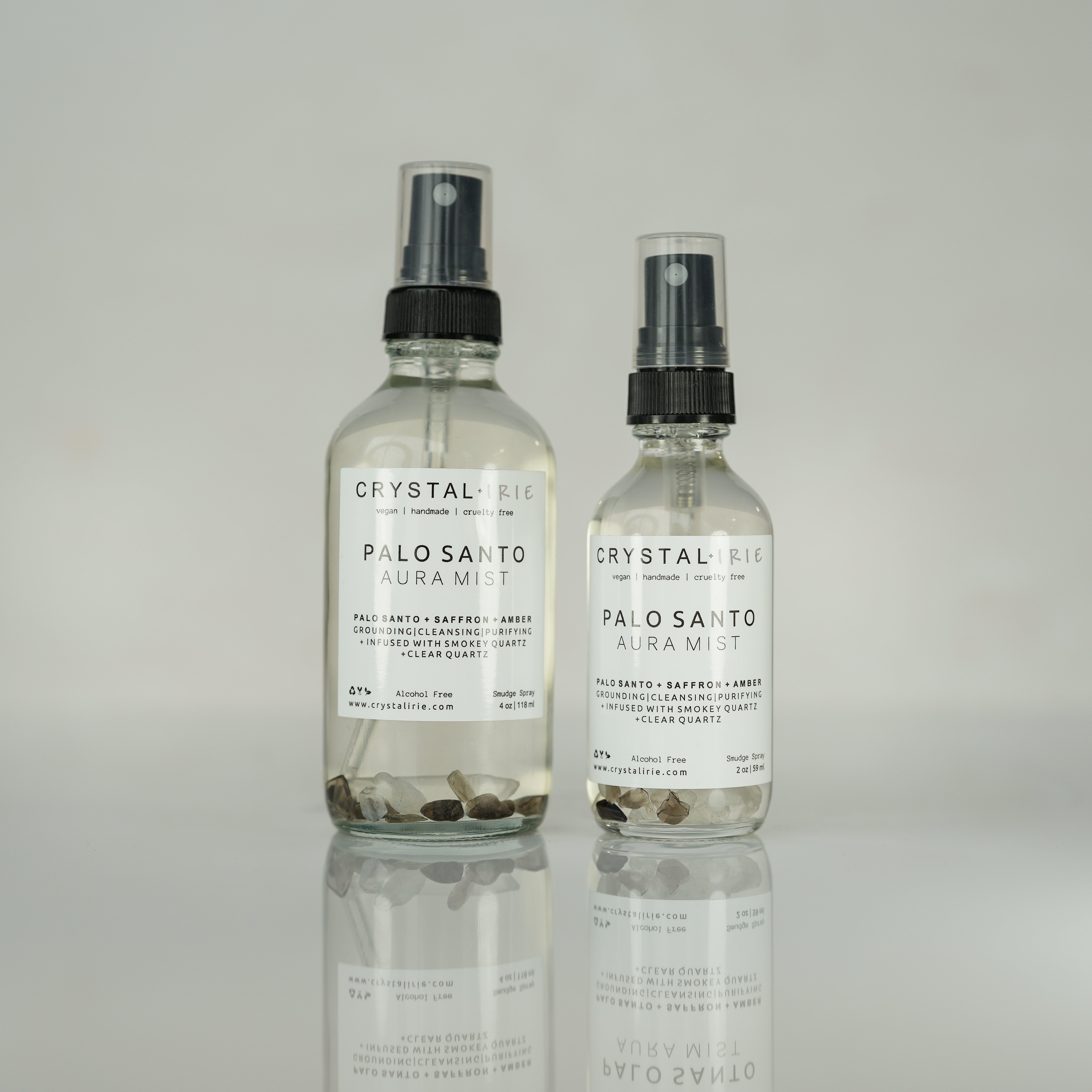 Crystal Irie Palo Santo Aura Spray bottle with aromatic spray for cleansing and energizing aura, shown in the image.