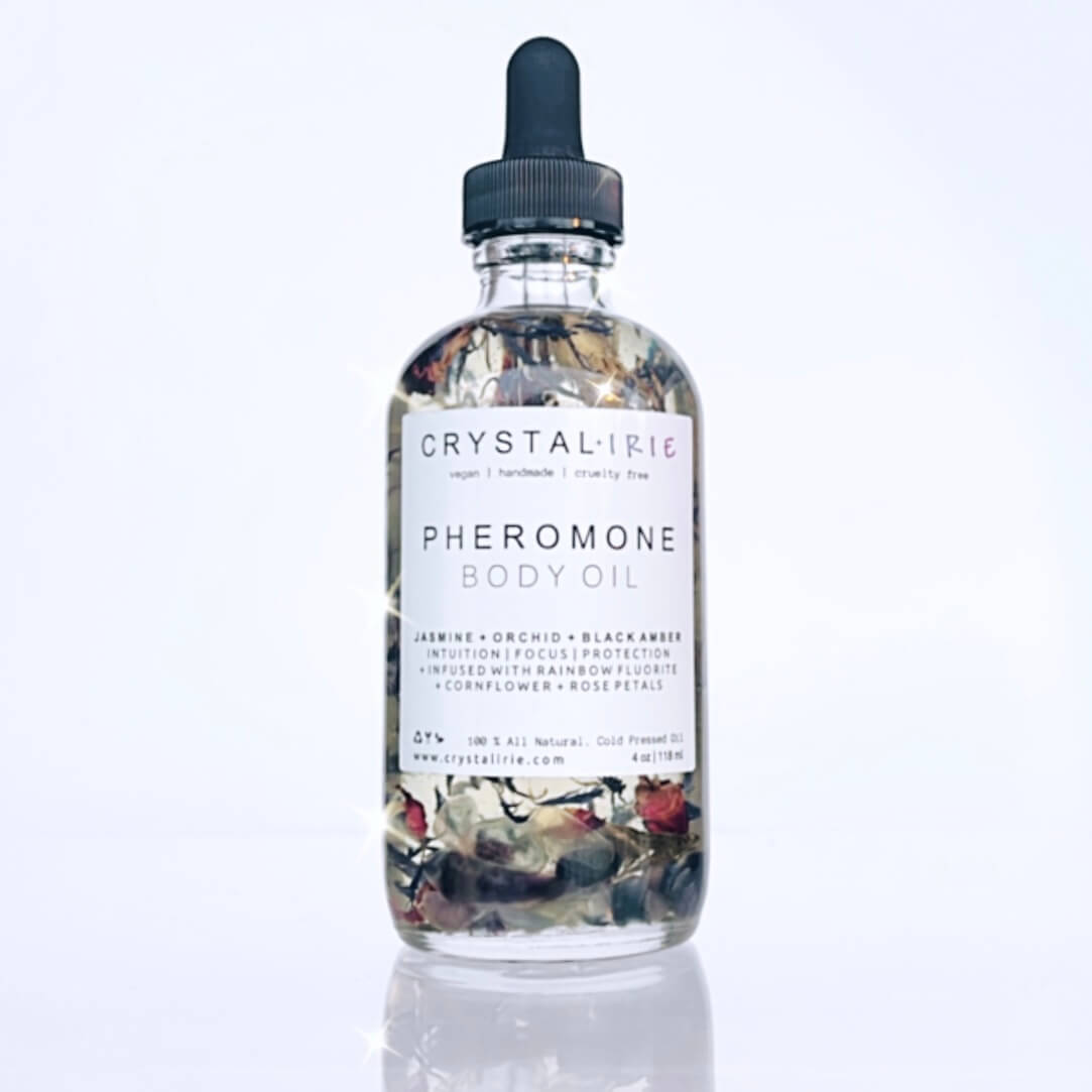 Crystal Irie pheromone body oil bottle with a sleek design, showcasing the luxurious body oil for enhanced attraction.
