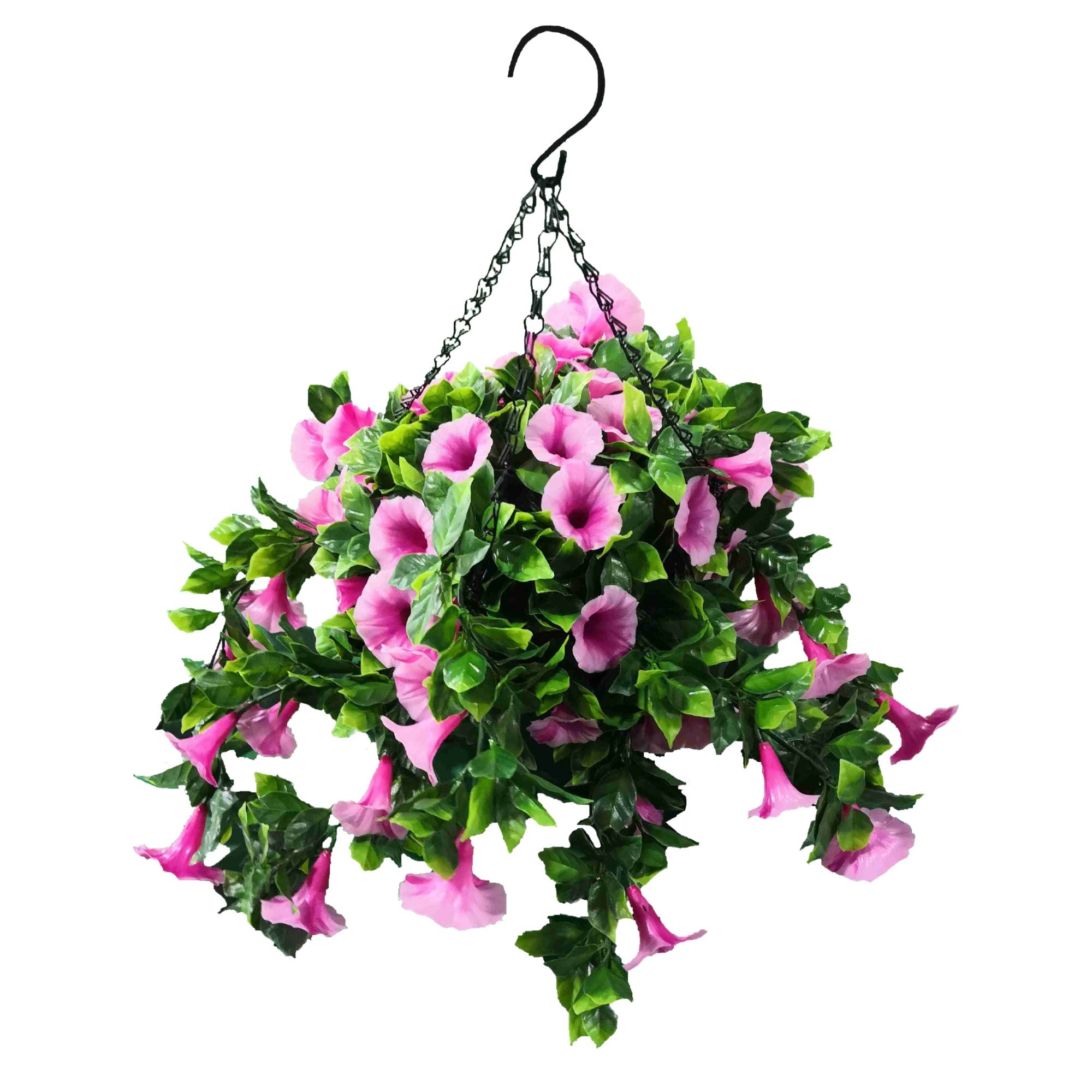 Artificial pink petunia hanging basket with UV-resistant flowering petunia plants on a hook, ideal for outdoor decor.