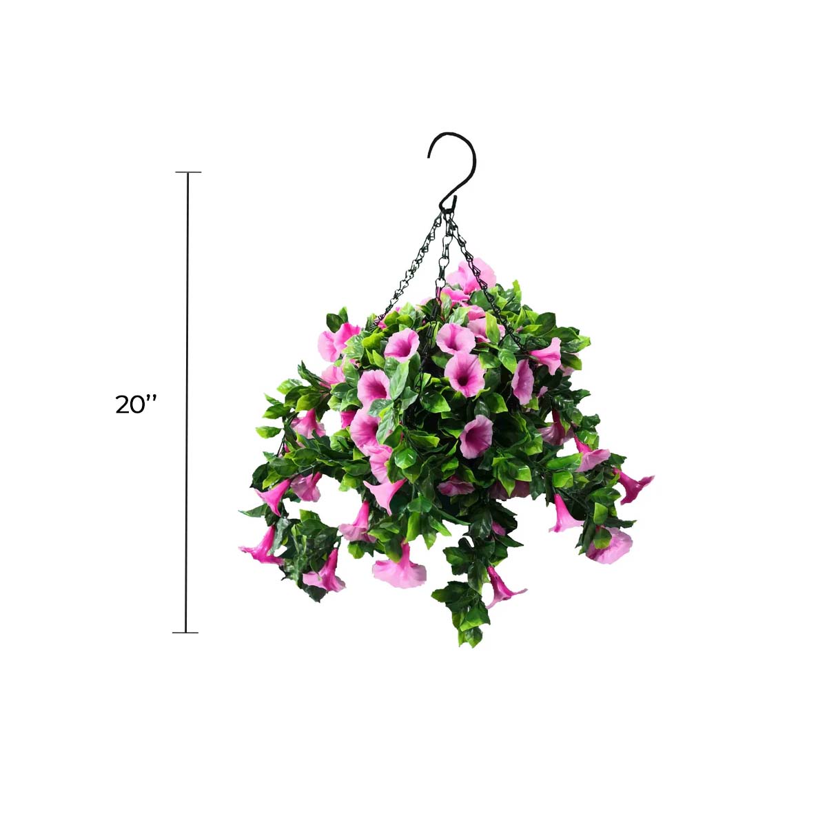 Artificial petunia hanging basket with vibrant flowering design, UV resistant outdoor-proof hanging plant by Designer Plants USA.