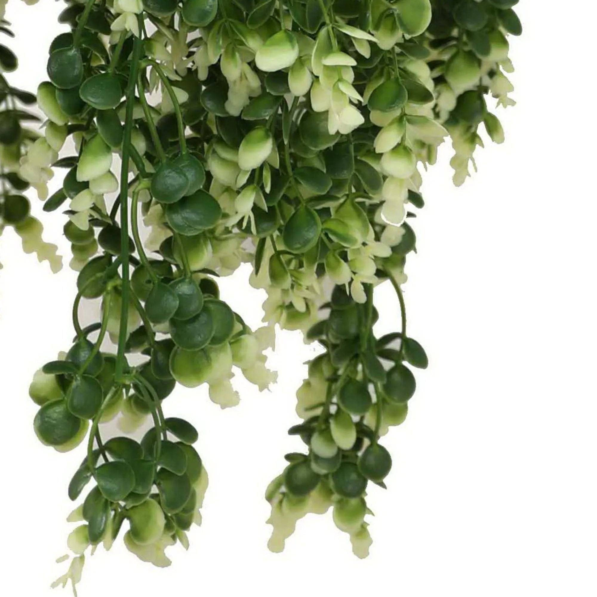 Close-up of Designer Plants USA artificial hanging basket with spring evergreen foliage, UV resistant and draping for outdoor decor.