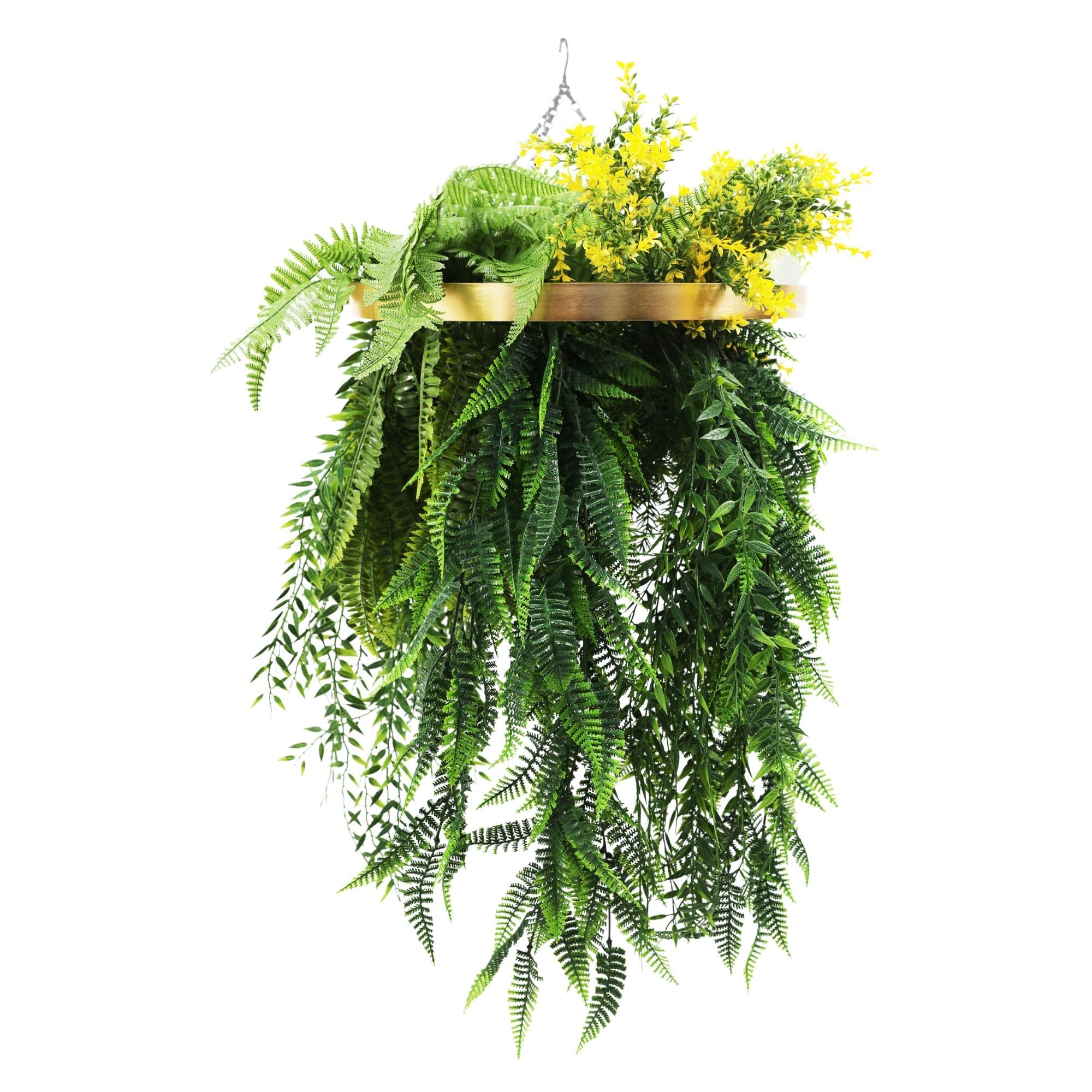 Artificial hanging plant chandelier with bright tropical foliage, gold circular frame, UV resistant, includes draping ferns.