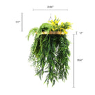 Gold-framed artificial hanging plant chandelier with bright tropical foliage, draping ferns, UV resistant, 15.75-inch circular ring.