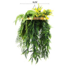 Artificial hanging plant chandelier with bright tropical foliage and draping ferns in a gold frame, UV resistant, 15.75 inches.
