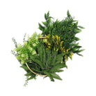 Artificial hanging plant chandelier with tropical foliage and draping ferns in a gold frame, UV resistant, 15.75-inch diameter.