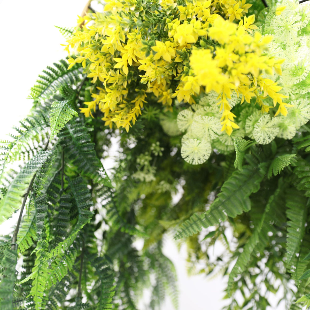 Artificial hanging plant chandelier with bright tropical foliage, draping ferns, and gold circular frame, UV resistant, 15.75 inches.