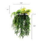 Artificial hanging plant chandelier with bright tropical foliage and draping ferns in a silver frame, UV resistant, 15.75 inches diameter.