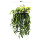Artificial hanging plant chandelier with bright tropical foliage and draping ferns in a silver frame, UV resistant, 15.75 inches.