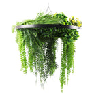 Artificial hanging fern chandelier with black frame, draping lush green ferns, UV resistant, 31.5-inch circular design.