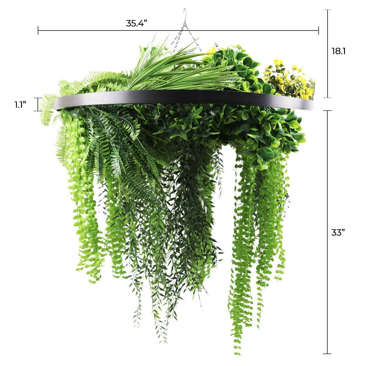 Black-framed hanging chandelier with draping UV-resistant artificial ferns and plants, 31.5 inches, ideal for indoor or outdoor decor.