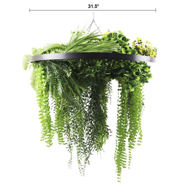 Black framed hanging chandelier with draping UV-resistant artificial ferns and plants, 31.5 inches in diameter, for indoor or outdoor décor.