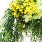Artificial hanging plant chandelier with gold frame, tropical foliage, draping ferns, UV resistant faux greenery, circular design.