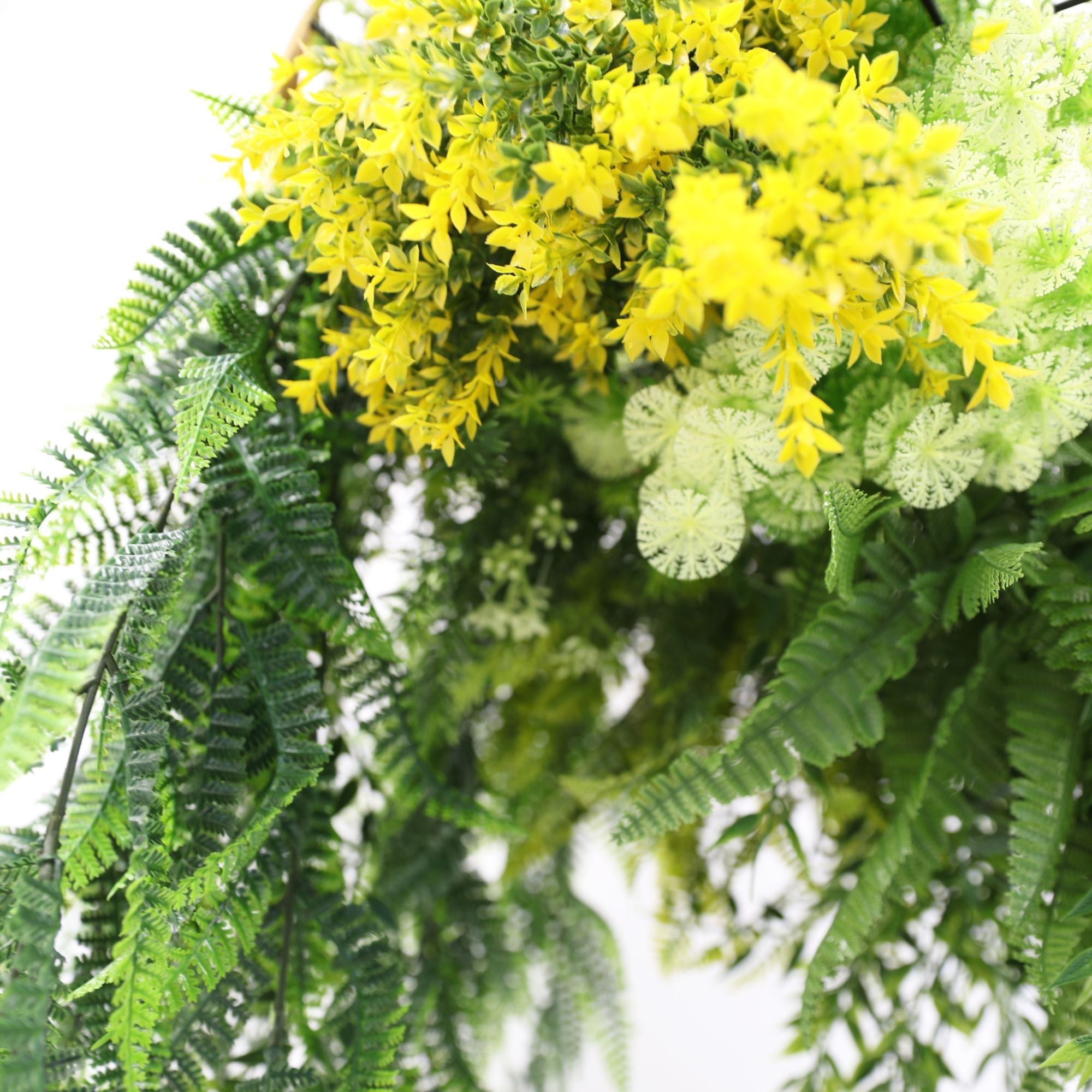 Artificial hanging plant chandelier with gold frame, tropical foliage, draping ferns, UV resistant faux greenery, circular design.