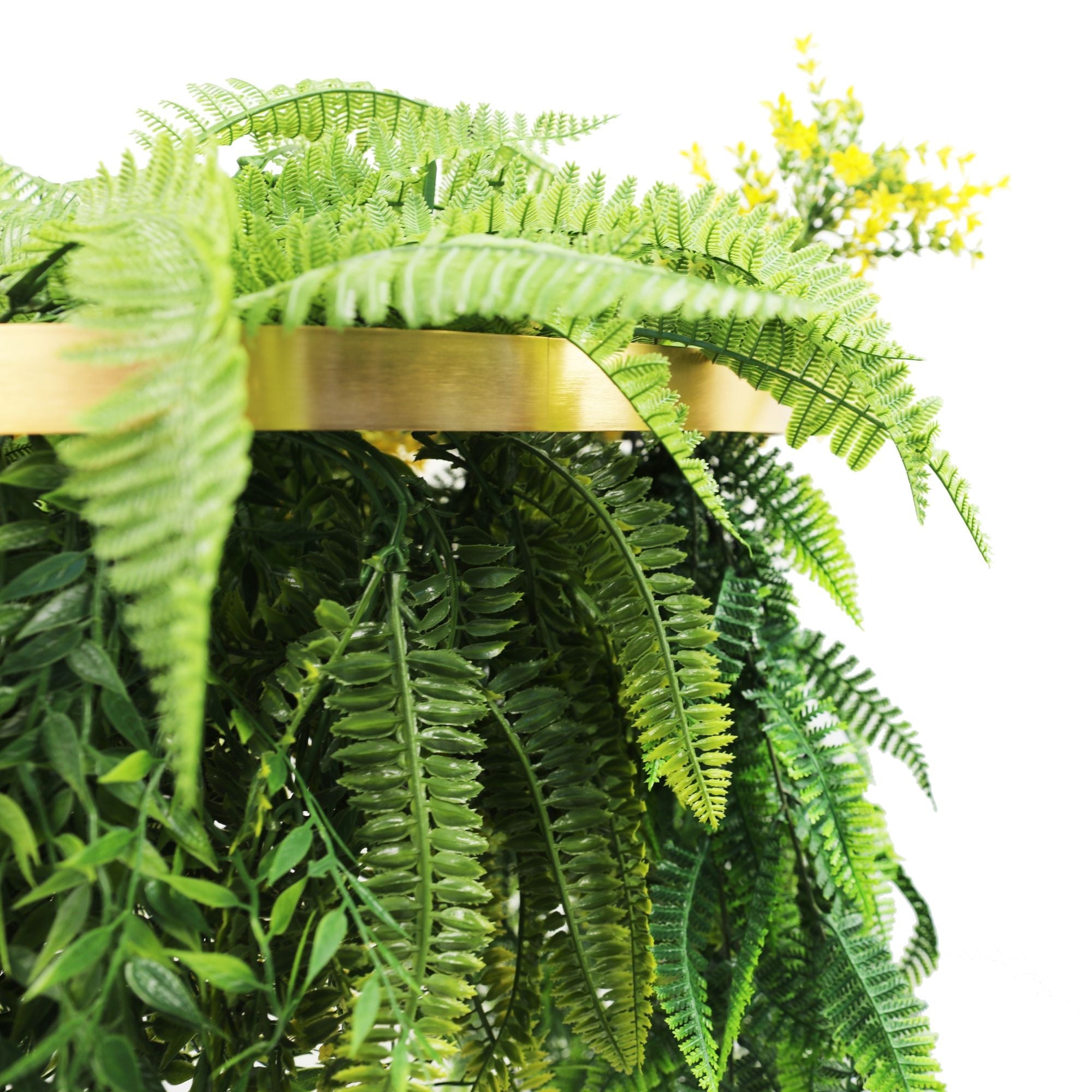 Gold-framed artificial hanging plant chandelier with tropical foliage and draping ferns, UV resistant, 31.5-inch circular design.
