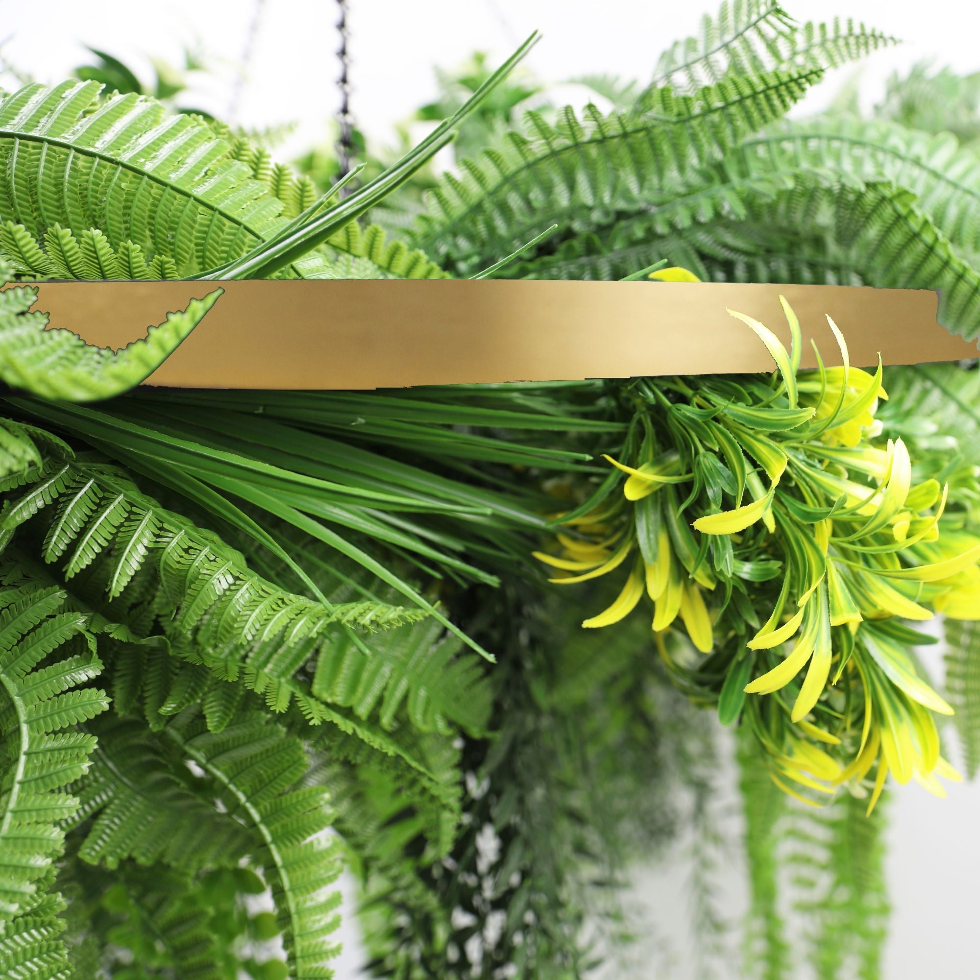 Artificial hanging fern chandelier with a gold circular frame, draping greenery, UV resistant foliage, 31.5-inch diameter.