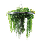 Silver-framed hanging plant chandelier with draping faux ferns and greenery, UV resistant, 31.5-inch diameter, for outdoor decor.