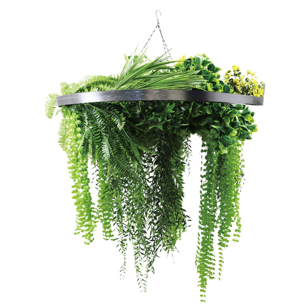 Silver-framed hanging plant chandelier with draping faux ferns and greenery, UV resistant, 31.5-inch diameter, for outdoor decor.
