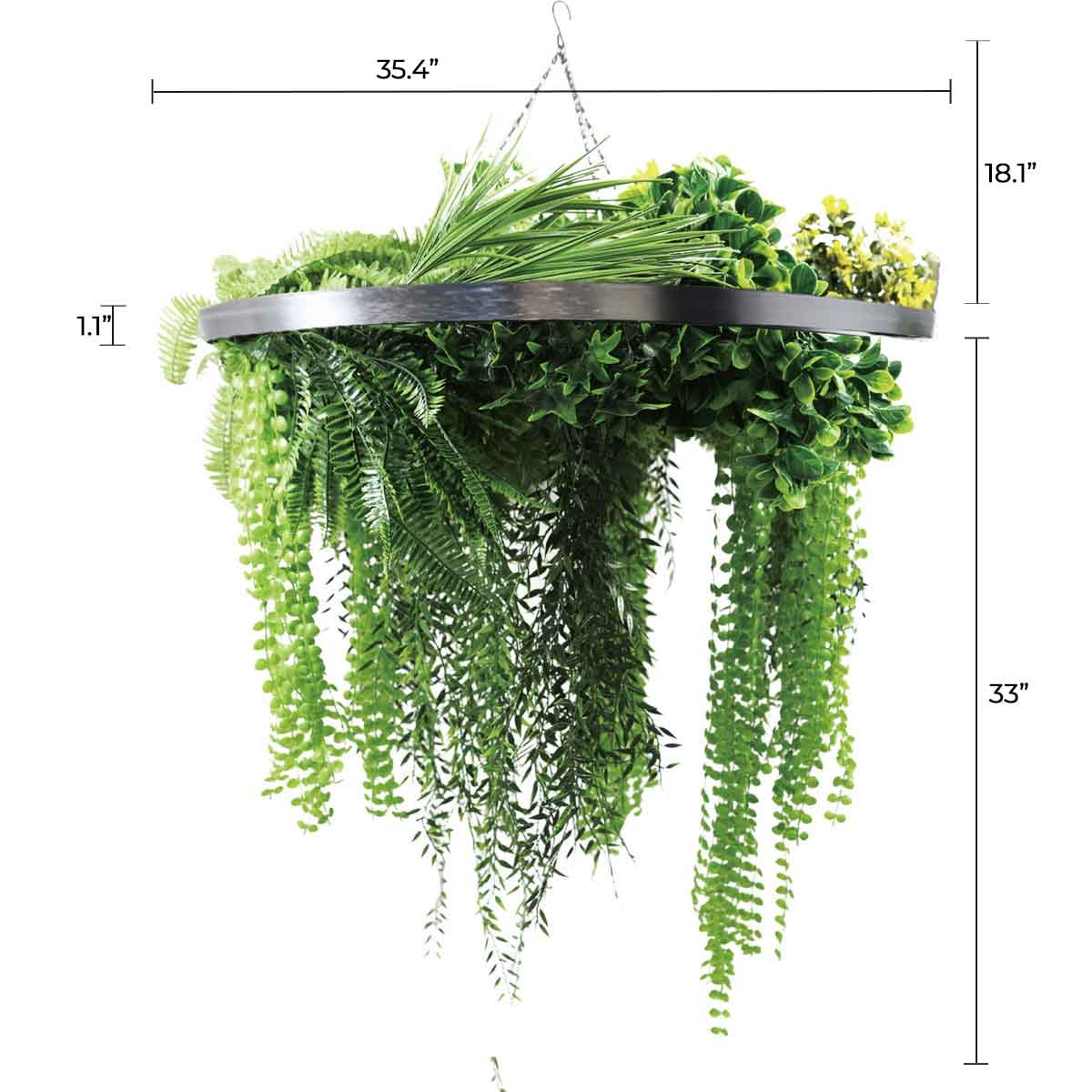 Silver-framed hanging chandelier with draping, UV-resistant artificial ferns and plants, 31.5 inches in diameter.