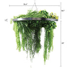 Silver-framed hanging chandelier with draping, UV-resistant artificial ferns and plants, 31.5 inches in diameter.