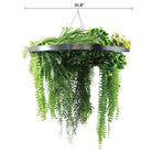 Artificial hanging fern chandelier with silver frame, draping lush greenery, UV resistant, 31.5-inch diameter for outdoor decor.