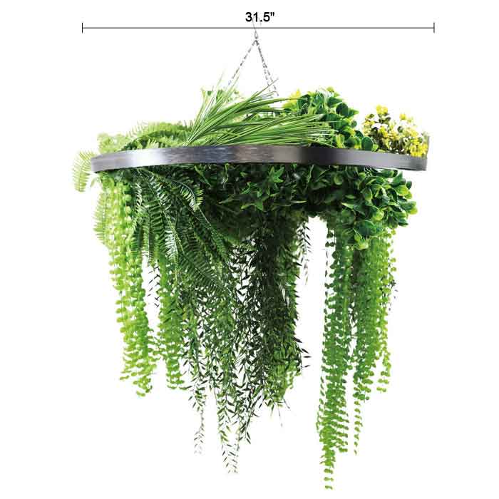 Artificial hanging fern chandelier with silver frame, draping lush greenery, UV resistant, 31.5-inch diameter for outdoor decor.