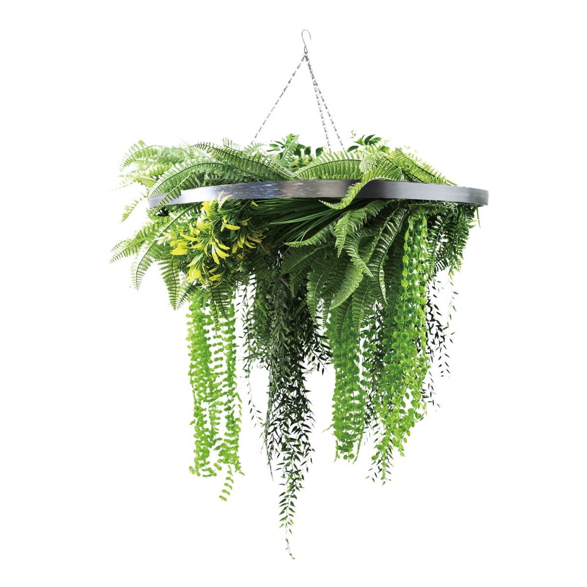 Artificial hanging fern chandelier with silver frame, draping green ferns, UV resistant, 31.5-inch circular ring for outdoor decor.
