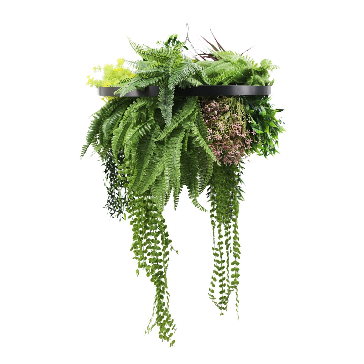 Artificial hanging plant chandelier with tropical foliage, black frame, draping stems, UV resistant, 23.5-inch diameter, Designer Plants USA