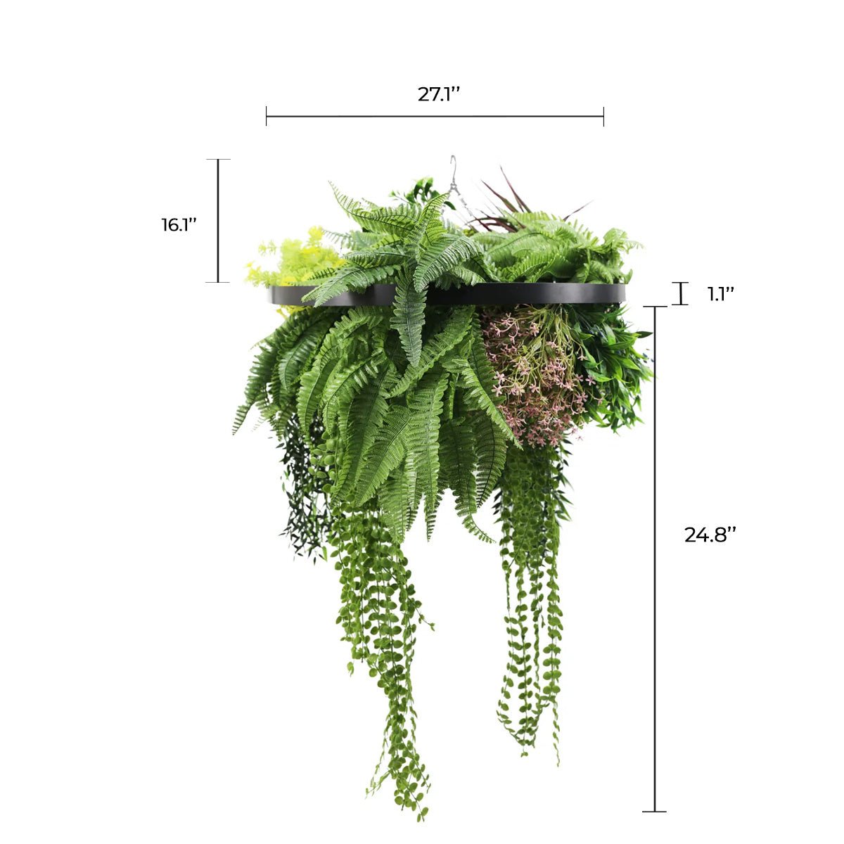 Artificial hanging plant chandelier with tropical foliage and draping stems in a black frame, UV resistant, 23.5 inches diameter.