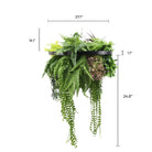 Artificial hanging plant chandelier with tropical foliage and draping stems in a black frame, UV resistant, 23.5 inches diameter.