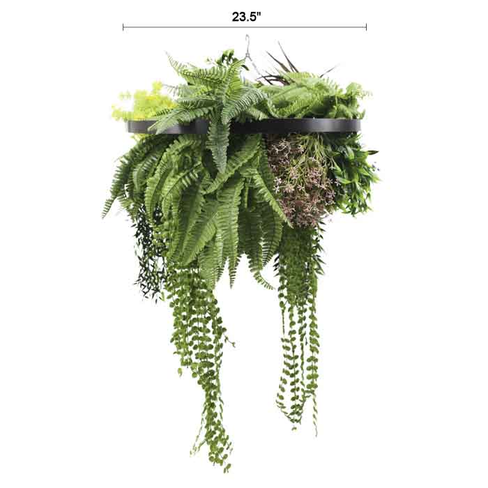 Artificial hanging plant chandelier with tropical foliage, black frame, 23.5-inch diameter, UV resistant, designer plants USA.