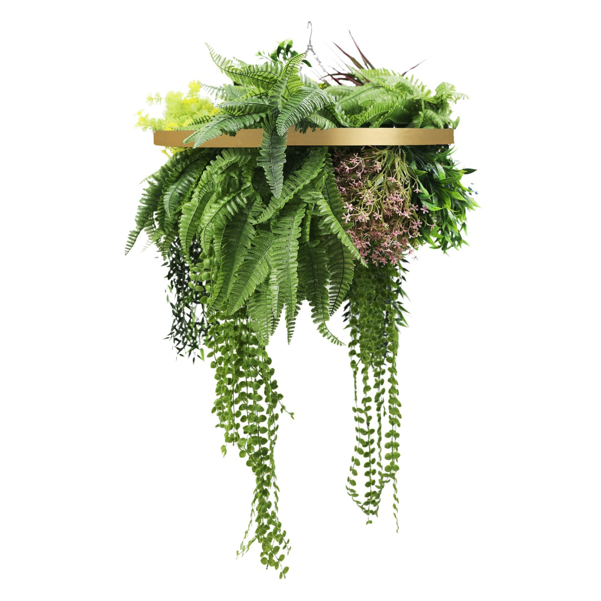 Artificial hanging plant chandelier with tropical foliage, gold circular frame, UV resistant, featuring draping stems for indoor or outdoor decor.