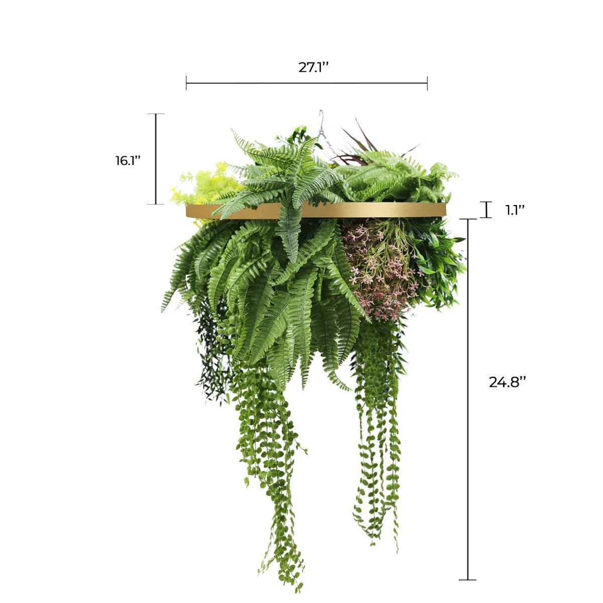 Artificial hanging plant chandelier with tropical foliage and draping stems in a gold ring frame, UV resistant, 23.5 inches wide.