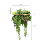 Artificial hanging plant chandelier with tropical foliage and draping stems in a gold ring frame, UV resistant, 23.5 inches wide.