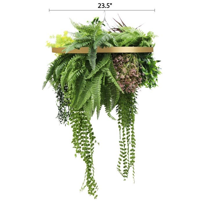 Artificial hanging plant chandelier with tropical foliage and draping stems, gold frame, UV resistant, 23.5 inches from Designer Plants USA.