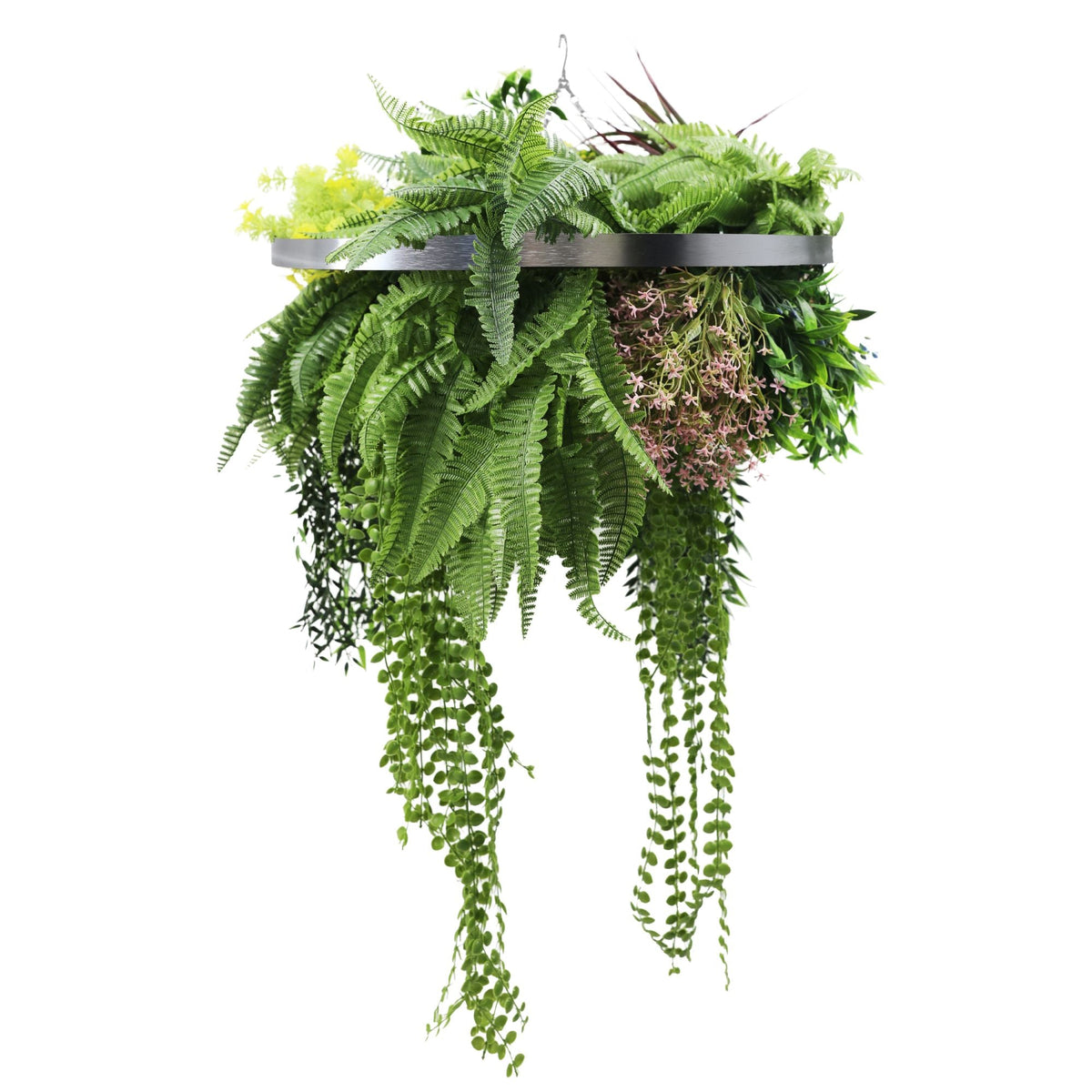 Artificial hanging plant chandelier with tropical foliage and draping stems on a silver circular frame, UV resistant for outdoor use.