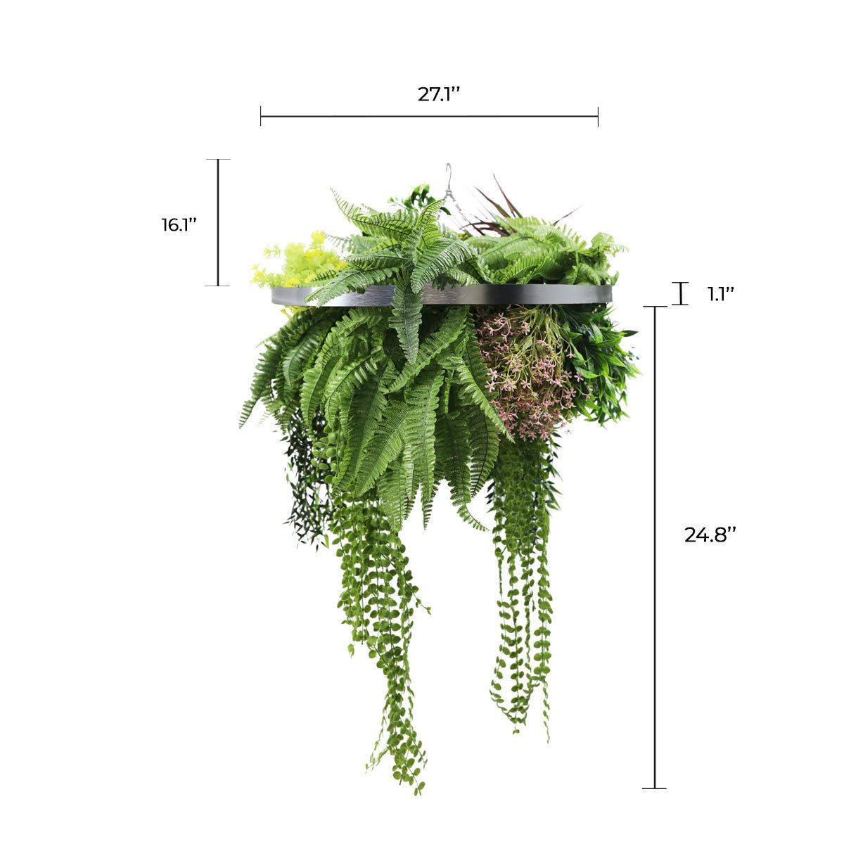 Artificial hanging plant chandelier with tropical foliage, silver circular frame, UV resistant design, 23.5 inches, Designer Plants USA