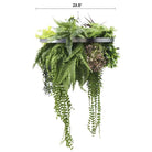 Artificial hanging plant chandelier with tropical foliage, silver frame, and draping stems, 23.5 inches, UV resistant from Designer Plants USA.