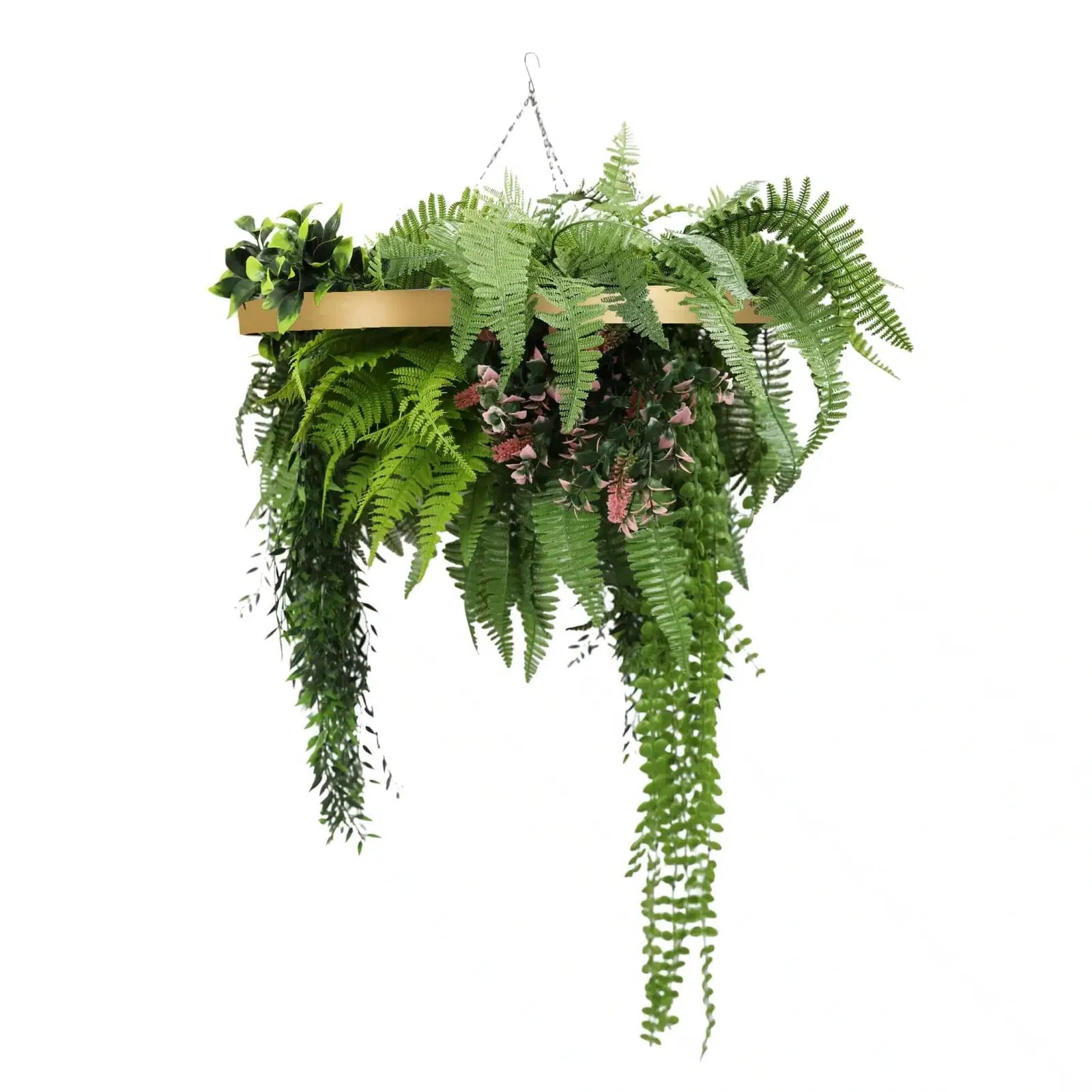 Artificial roof hanging disc with gold frame and draping UV-resistant plants, 23.6 inches, from Designer Plants USA.