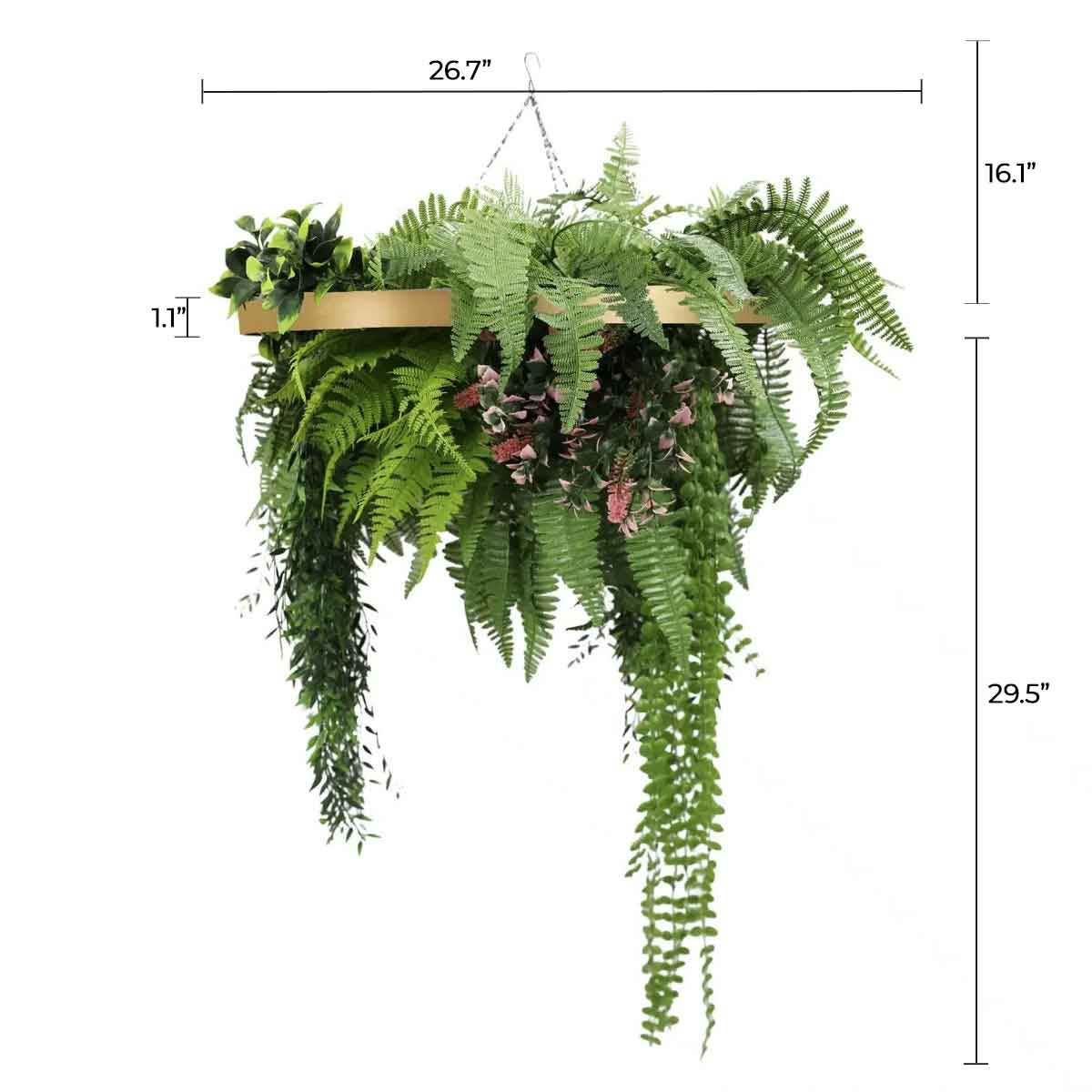 Artificial roof hanging disc with gold frame and draping life-like plants, UV resistant, 23.6 inches, from Designer Plants USA.