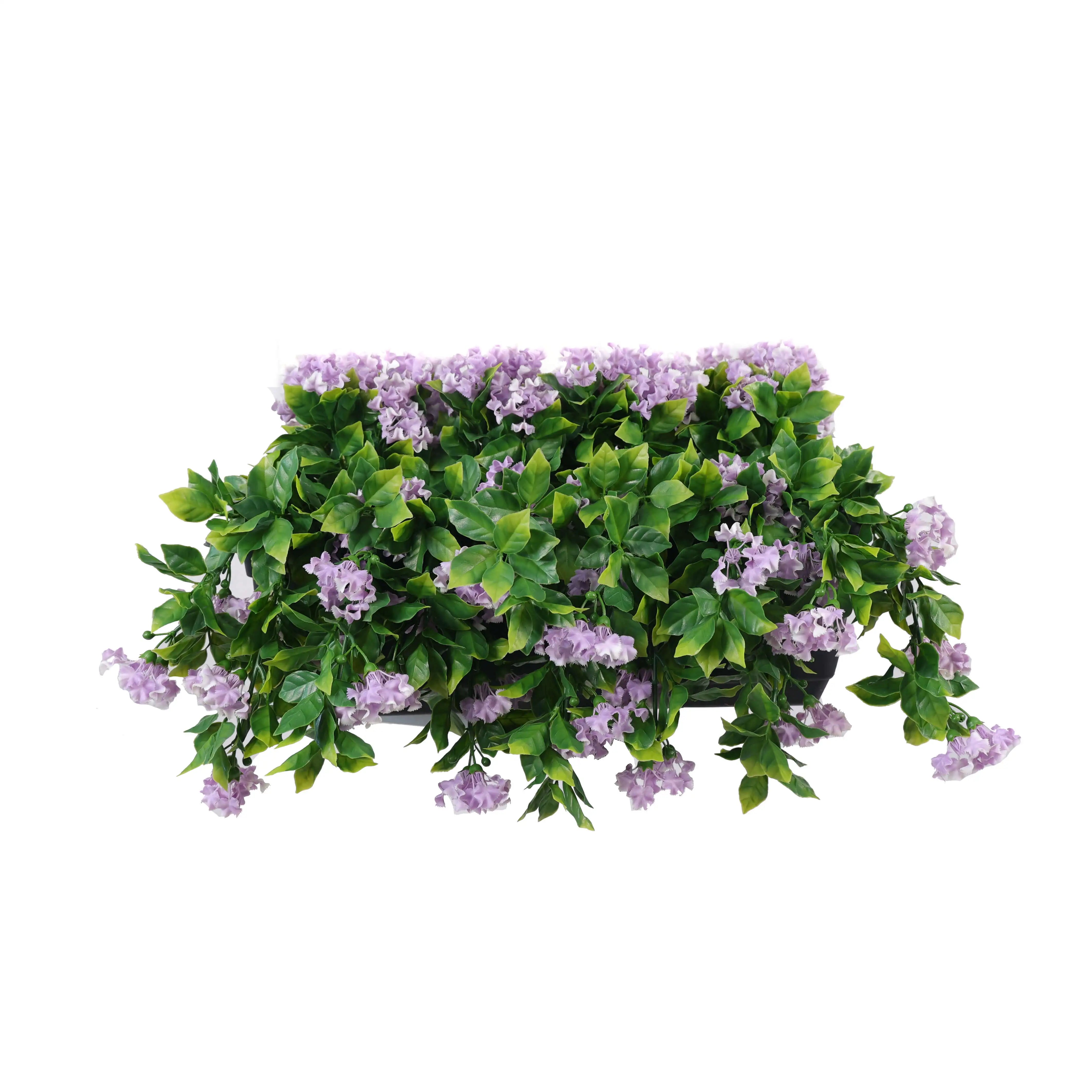Artificial draping lilac flowering window box planter from Designer Plants USA, UV resistant and suitable for hanging garden displays.