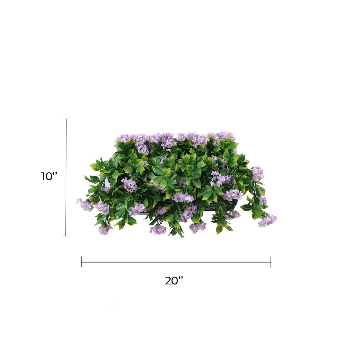 Artificial draping lilac flowering window box planter by Designer Plants USA, 20x14 inches, UV resistant outdoor hanging plant.