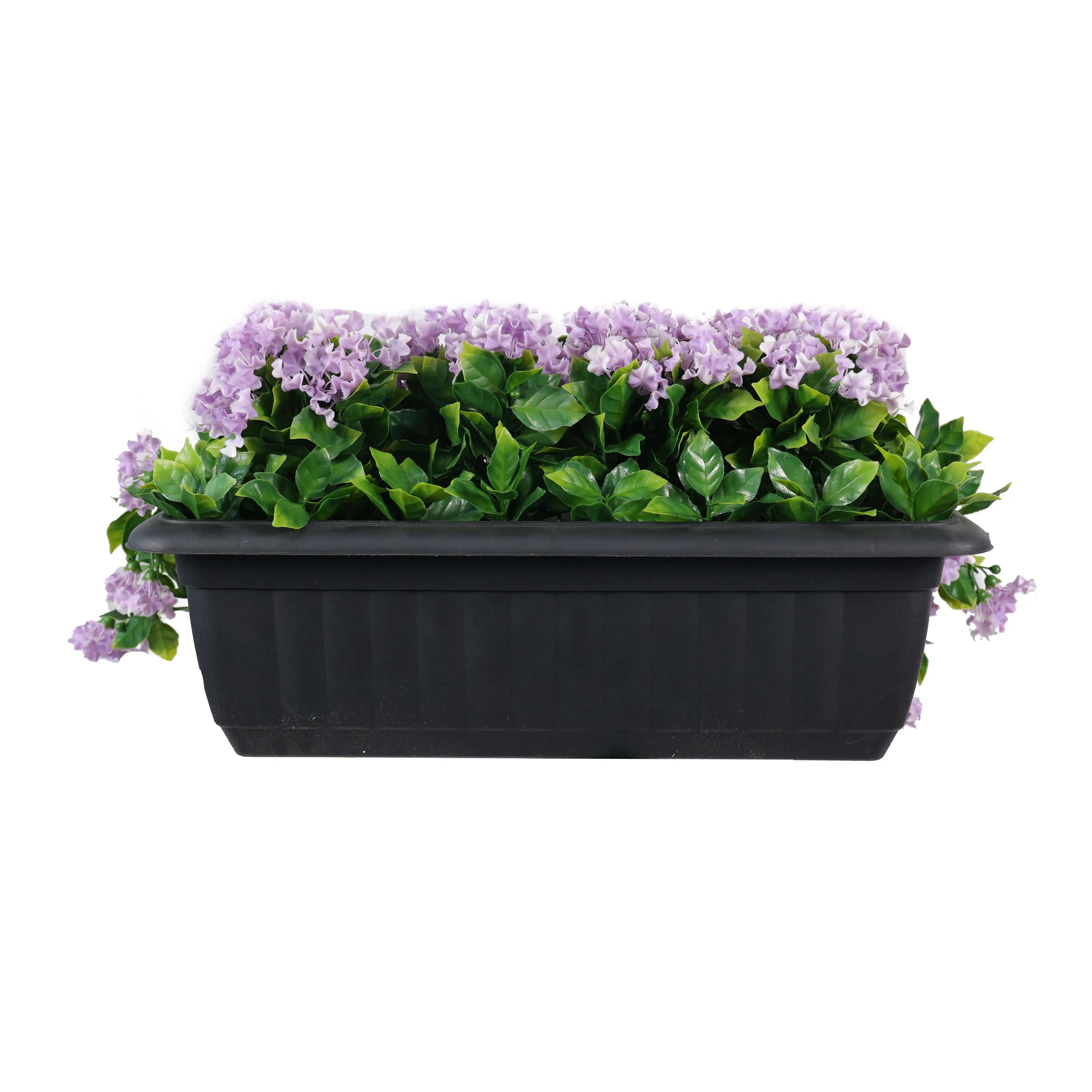 Artificial draping lilac flowering window box planter with UV-resistant hanging plants, 20x14 inches, by Designer Plants USA.