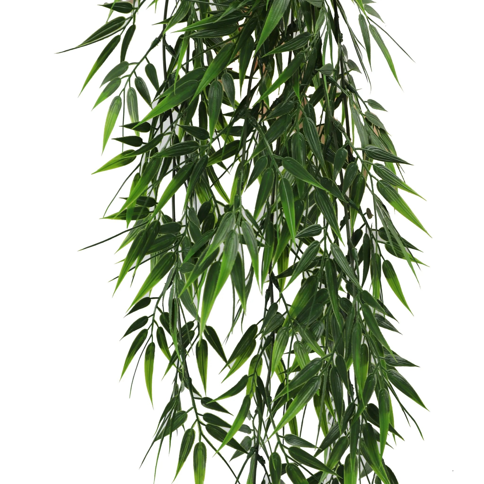 Artificial bamboo leaf garland by Designer Plants USA, UV-resistant hanging bush, fire-rated NFPA701, measures 6.7×30 inches.