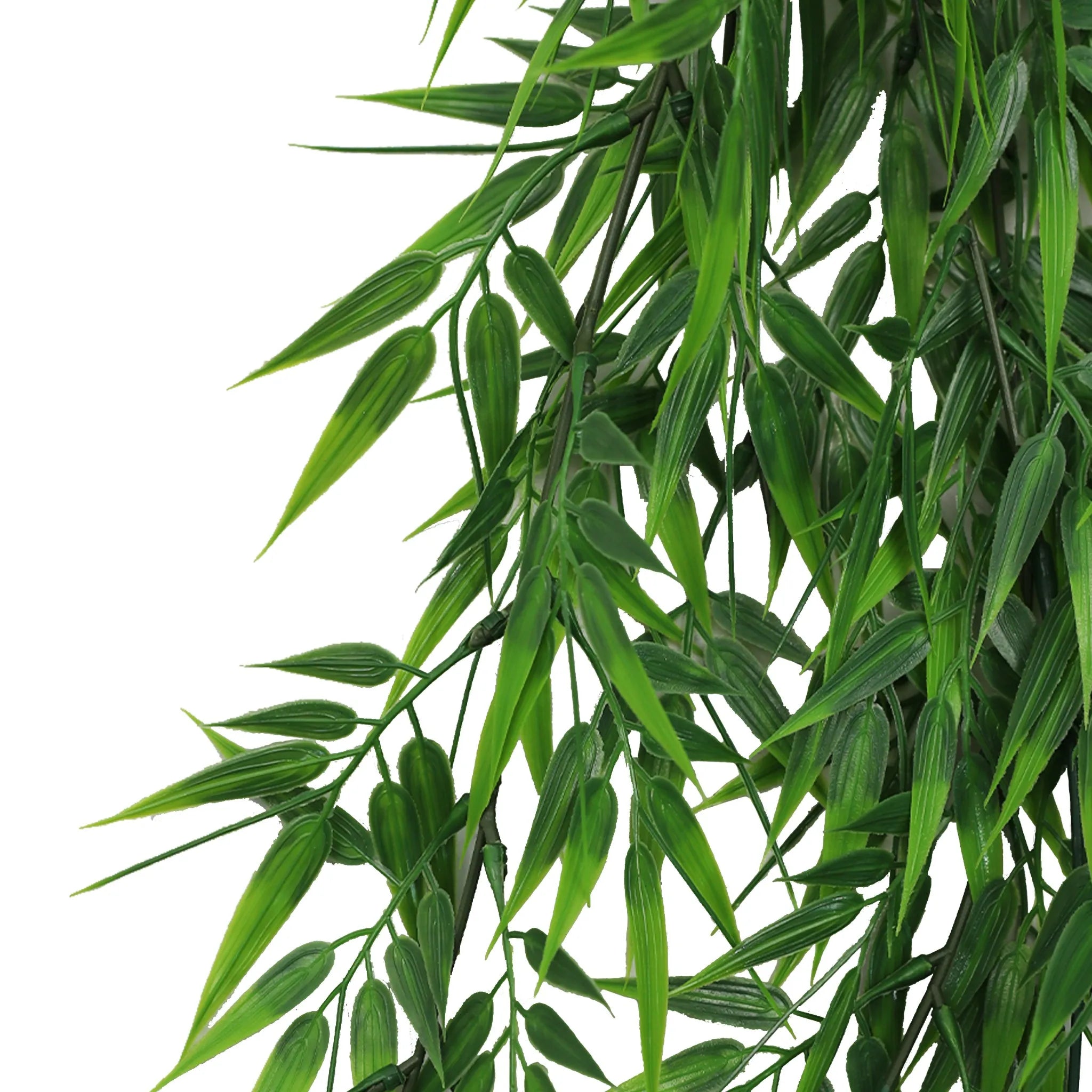 Artificial bamboo leaf garland by Designer Plants USA, UV resistant, fire-rated hanging bush, measures 6.7×30 inches.