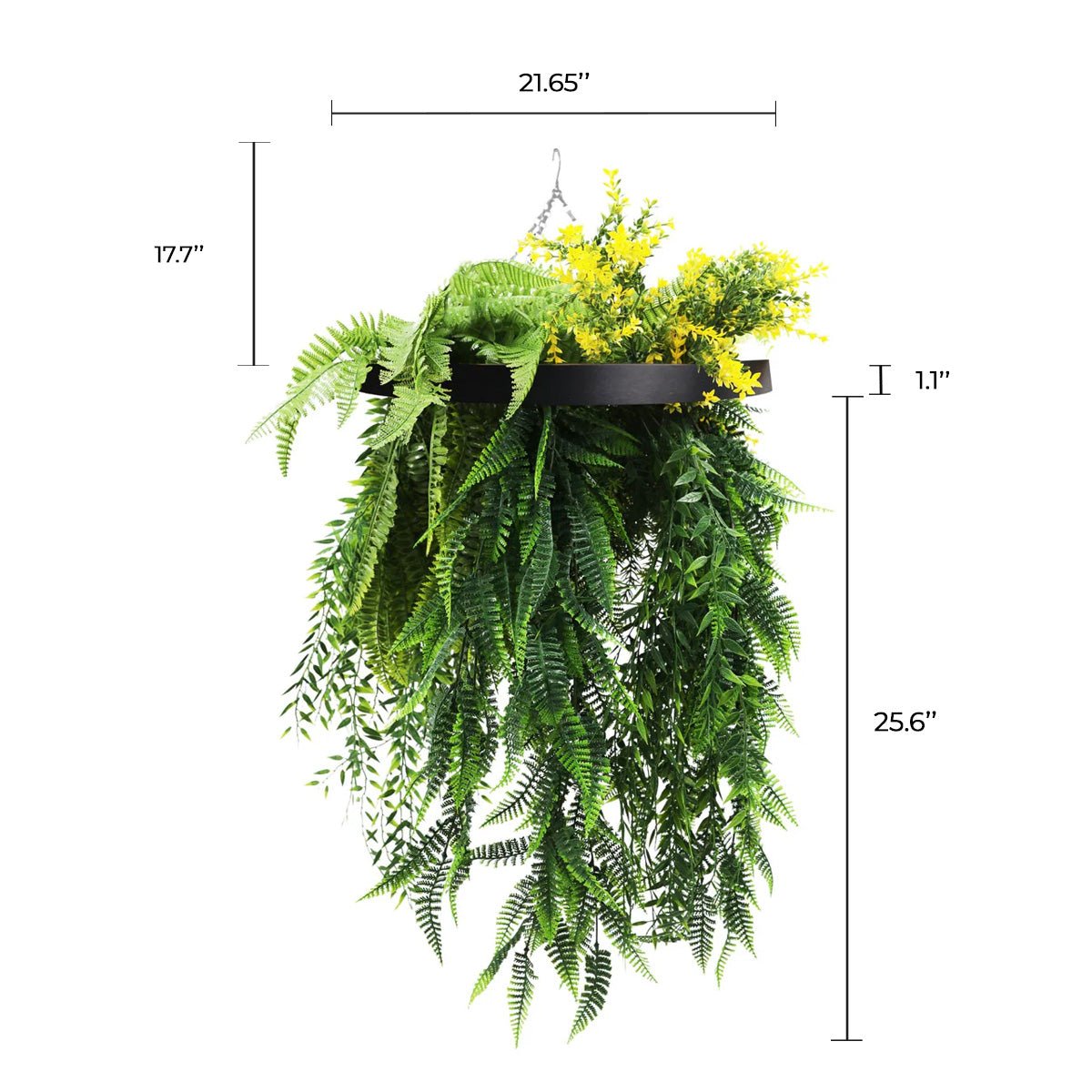 Black-framed artificial hanging disc with bright tropical foliage and draping ferns, UV resistant, 15.75 inches, by Designer Plants USA.