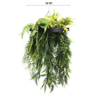 Black-framed artificial hanging disc with bright tropical foliage and draping ferns, UV resistant, 15.75 inches from Designer Plants USA.