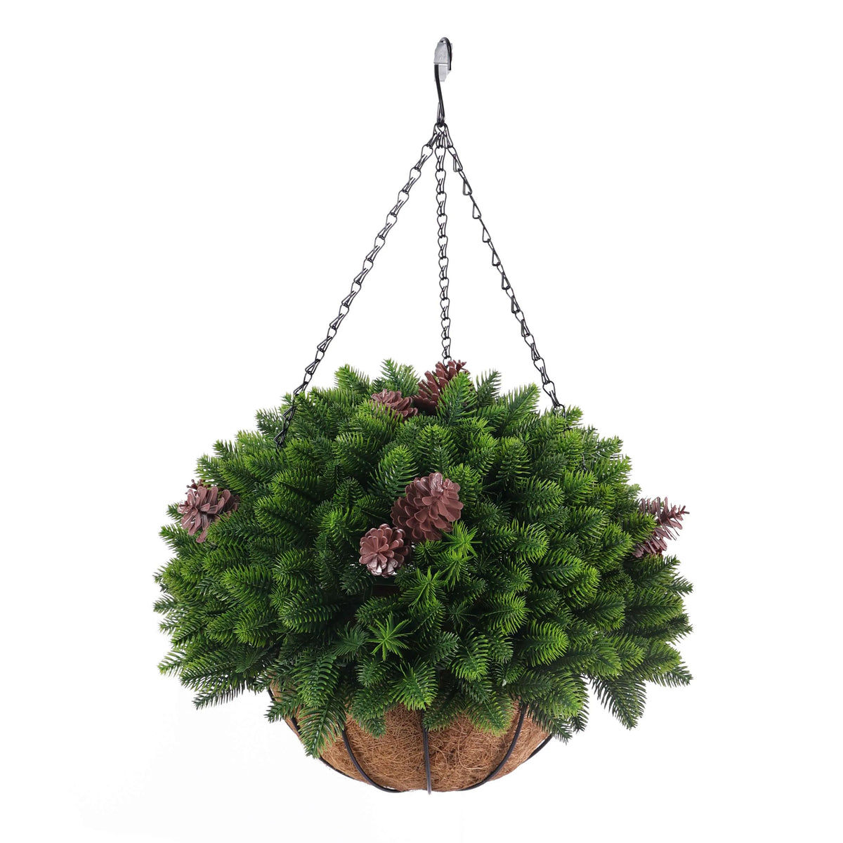 Artificial Cedar Pine Cone hanging basket, 18 inches, UV resistant, realistic cedar and pine cone plants by Designer Plants USA